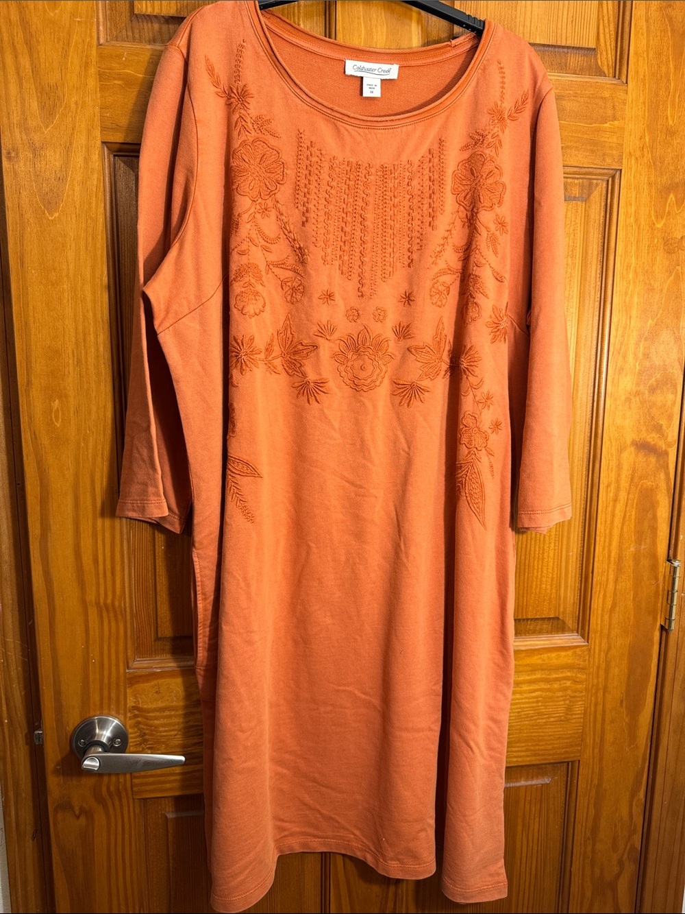 Coldwater Creek Long-Sleeve Embroidered Scoop-Neck Dress in Rust Orange